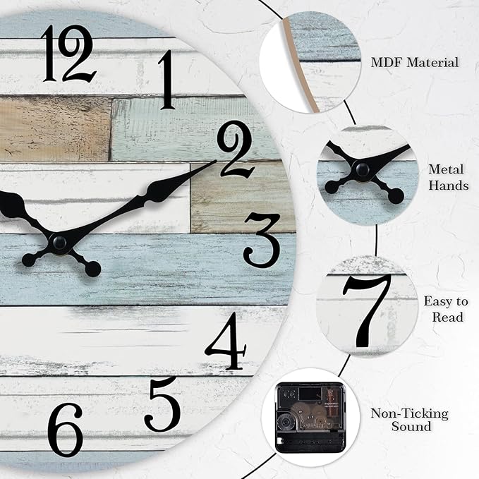 KECYET Wall Clock Battery Operated 10 Inch Silent Non Ticking Coastal Design Country Rustic Retro Decorative for Bathroom Kitchen Living Room Bedroom