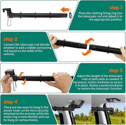 Car Clothes Hanger Bar – Adjustable Telescopic Car Clothes Rack, 30–62 Inches, for Wrinkle-Free Clothes Hanging in Vehicles, Heavy-Duty Non-Slip Car Hanging Rod for Sedans, SUVs, Trucks, Travel