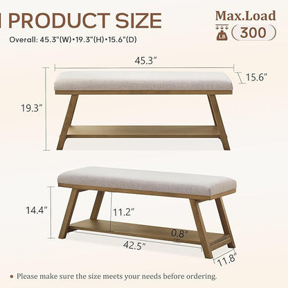45" Entryway Bench Upholstered Storage Bench for Bedroom Shoe Rack Bench for Living Room, Hallway, Mudroom, Balcony, Sturdy Indoor Bench Seat Holds Up to 300 lbs (Light Grey)