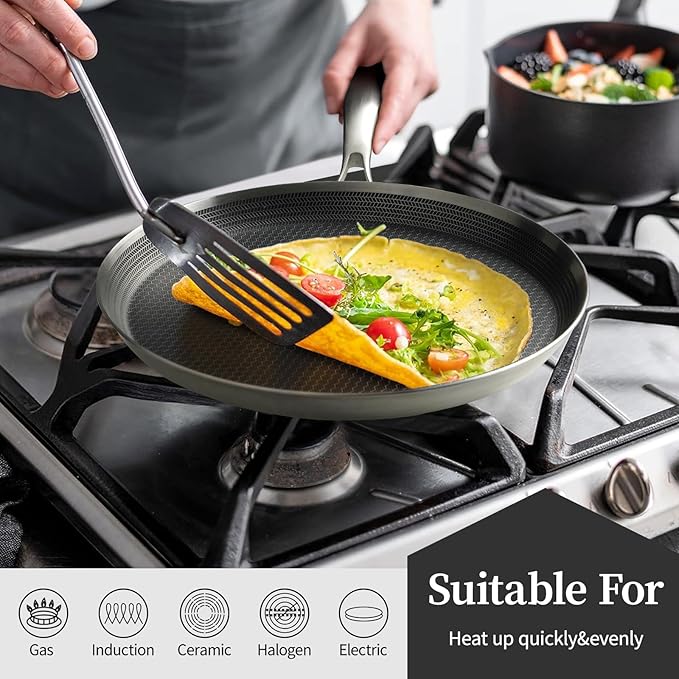 Innerwell Stainless Steel Crepe Pan - 11inch Nonstick Crepe Pan, Stainless Steel Honeycomb Coating Pancake Pan, Non Stick Flat Skillet Tawa Dosa Tortilla Griddle Pan, Induction Compatible, PFOA Free