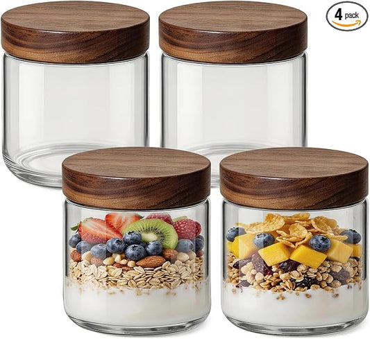 10oz 4 Pack Overnight Oats Containers with Lids, Glass Mason Jars with Acacia Wood Airtight Lids, Wide Mouth Meal Prep Storage Jars for Oats, Chia Pudding, Salad, Parfait, Snacks, Spice