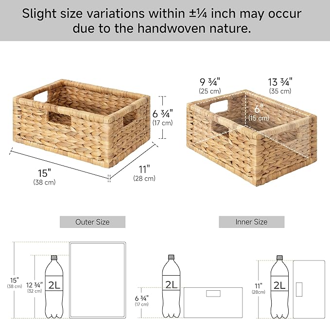 StorageWorks Wicker Basket for Organizing, Pantry Organizer with Wooden Frame, Water Hyacinth Storage Basket for Shelves