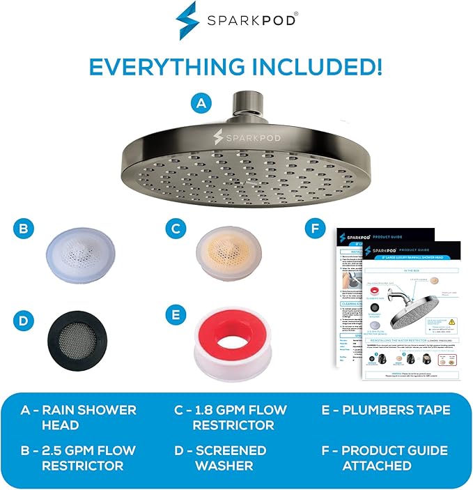 SparkPod Rain Shower Head, 8 Inch Round | High Pressure Shower Heads, 90 Nozzle (Touch-to-Clean), Adjustable Showerhead, No-tool Universal Connection