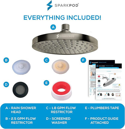 SparkPod Rain Shower Head, 8 Inch Round | High Pressure Shower Heads, 90 Nozzle (Touch-to-Clean), Adjustable Showerhead, No-tool Universal Connection