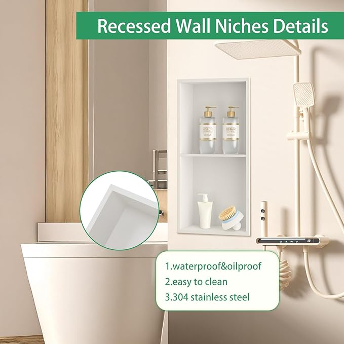 SaniteModar Shower Niche, Stainless Steel Niche for Shower Wall, 24" x 12" No Tile Needed,Recessed for Bathroom Storage (Warm White, 24" x 12",Double)