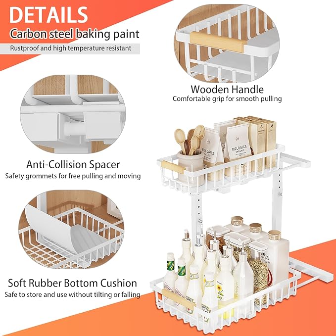 2 Pack 2 Tiers Pull Out Under Sink Organizers, Metal Kitchen Storage Shelf, Pull Out Under Sink Storage Rack, Multi-purpose Under Sink Shelf Organizer for Under Sink Cabinet Bathroom Kitchen (White)