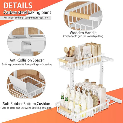 2 Pack 2 Tiers Pull Out Under Sink Organizers, Metal Kitchen Storage Shelf, Pull Out Under Sink Storage Rack, Multi-purpose Under Sink Shelf Organizer for Under Sink Cabinet Bathroom Kitchen (White)