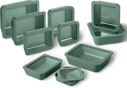 BRIVARA HOME Ceramic Coated Glass Food Storage Containers | No PTFE, PFOA, PFAS, and BPA | Reusable Non Toxic Meal Prep Containers with Glass Lids | Easy To Store | 10 Piece Set [Pine]
