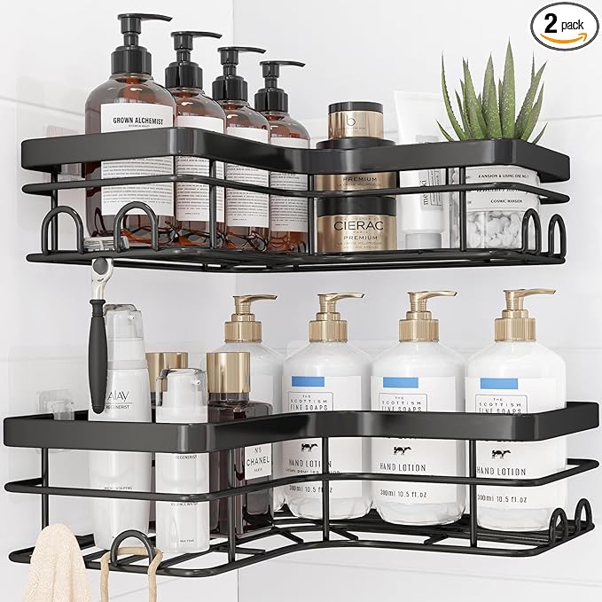 Sakugi Corner Shower Caddy - 2 Pack, Adhesive Shower Organizers, Rustproof Stainless Steel Shower Shelves with 8 Hooks, No Drilling Bathroom Organizers and Storage Racks, Space-Saving, Black, X-Large