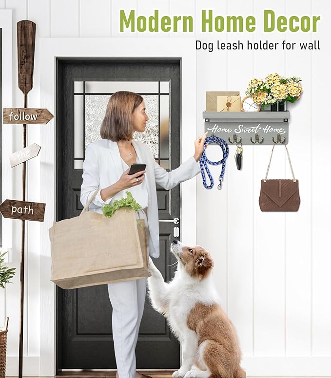 buways Key Holder Wall Mount with 4 Double Hooks-Solid Wood Wall-Mounted Organizer for Keys&Mail Rustic Key Rack Hanger Holder Home Decor for Entryway Living Room (Gray)