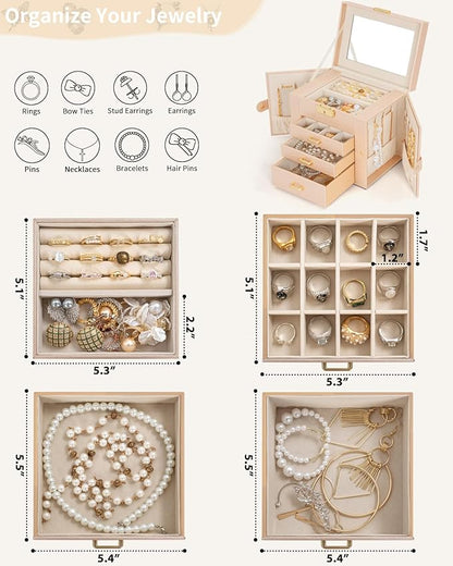 AKOZLIN 4-Tier Jewelry Box Leather Jewelry Storage Organizer with 3 Drawers Lockable for Women Girls Ring Necklace Earring Bracelet Holder with Mirror Champagne