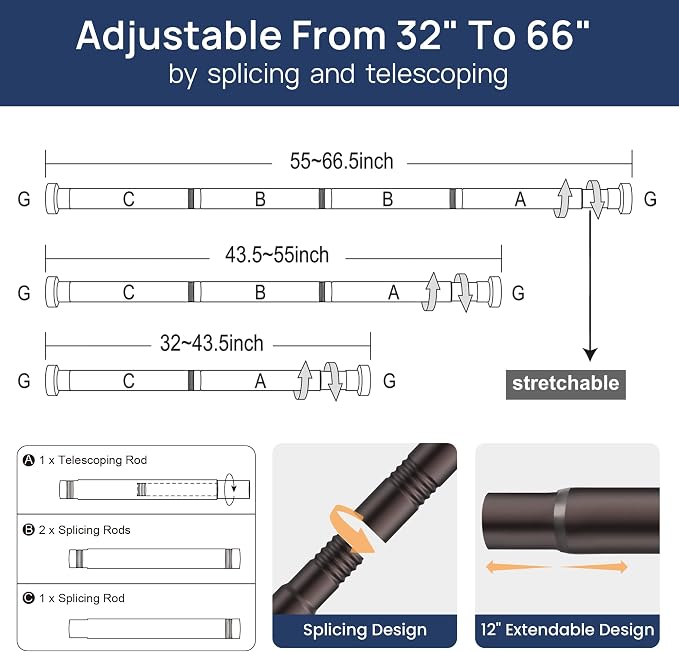 ENJOYBASICS 2 Pack Adjustable Spring Tension Curtain Rods 32 to 66 Inches, Stainless Steel Bronze Shower Rod No Drilling for Window, Bathroom, Closet, Room Divider, 7/8" Diameter