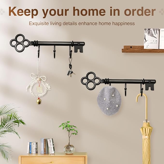 Classic Wall Mounted Key Holder Hook Rack, Vintage Key Rack for Entryway (Black)