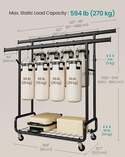SONGMICS Clothes Rack, Heavy-Duty Rolling Clothing Garment Rack with Wheels, Extendable Double Hanging Rods and Adjustable Height, Portable, with Shelf and Hooks, Ink Black UHSR015B01