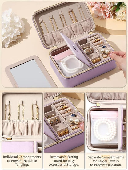 Velvet Travel Jewelry Box with Large Mirror, Double-Layer Jewelry Organizer Case for Women and Girls, Portable Storage Case with 6 Anti-Tarnish Bags Gift Ready for Her (Lavender)