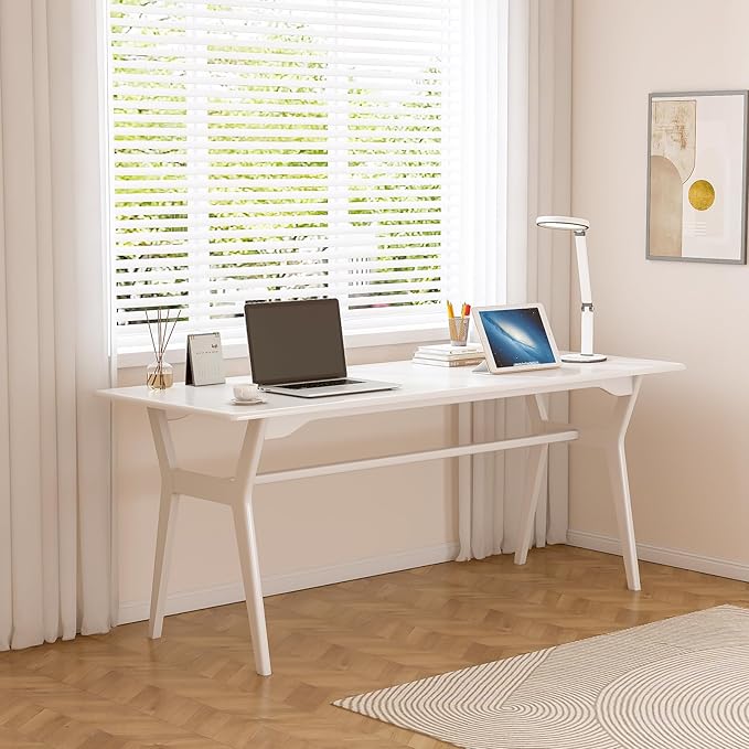 Solid Wood Study Desk - 63" Double Long Computer Table for Home Office, 2-Person PC Workstation, White