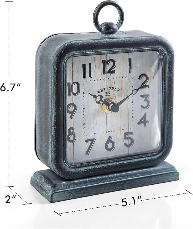 NIKKY HOME Vintage Table Clock, Shelf Desk Top Clock Battery Operated Rustic Design, Chic Home Decor for Fireplace Mantel, Desktop, Countertop - Antique Turquoise