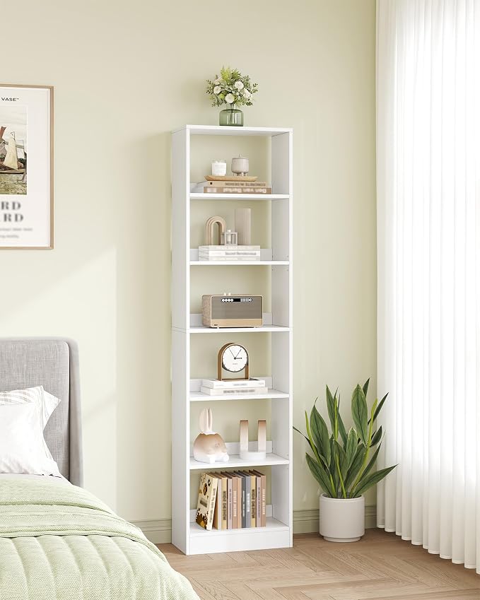 Hzuaneri Bookcase, Tall Narrow Bookshelf, Open Display Storage Shelf, Skinny Cube Book Shelf with Adjustable Shelves, CD Rack for Living Room, Home Office 6-Tier(9.4 x 19.7X 72 inch) White BC59603X