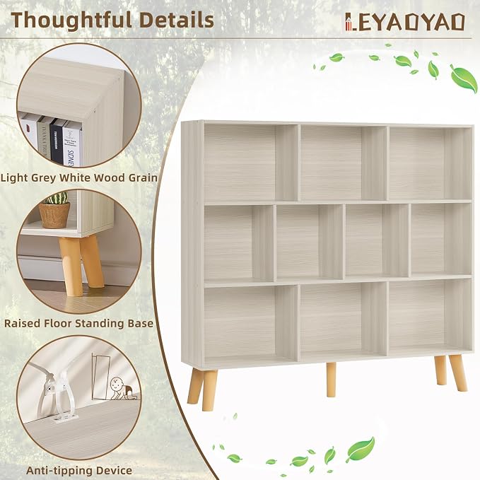 LEYAOYAO 10 Cube Bookshelf,3 Tier Modern Wide Bookcase with Legs,Mid-Century Wood Bookshelves Storage，Light Grey White Large Book Case,Freestanding Organizer Display Shelf for Living Room,Office