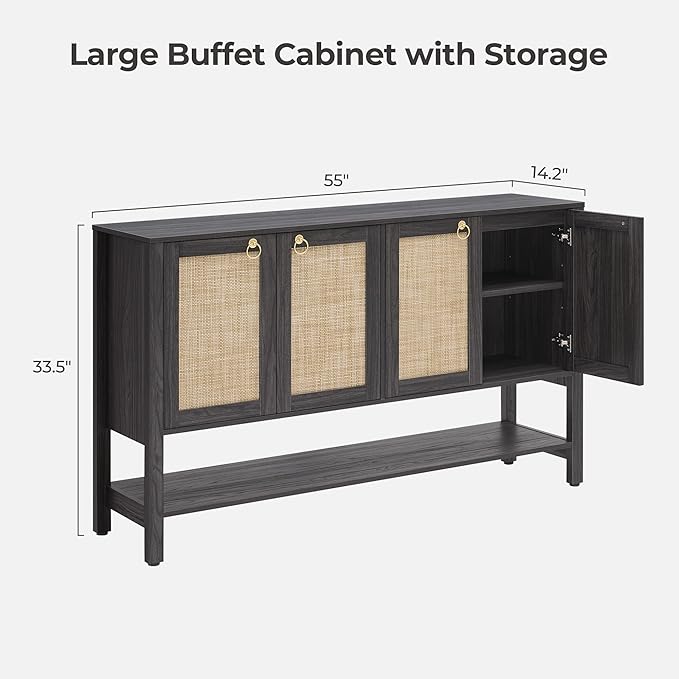 SICOTAS Rattan Sideboard Buffet Cabinet with Open Storage - Large Storage Cabinet with 4-Doors and Adjustable Shelves, Boho Credenza Coffee Bar Cabinets Buffet Table Console Table (2, Obsidian)