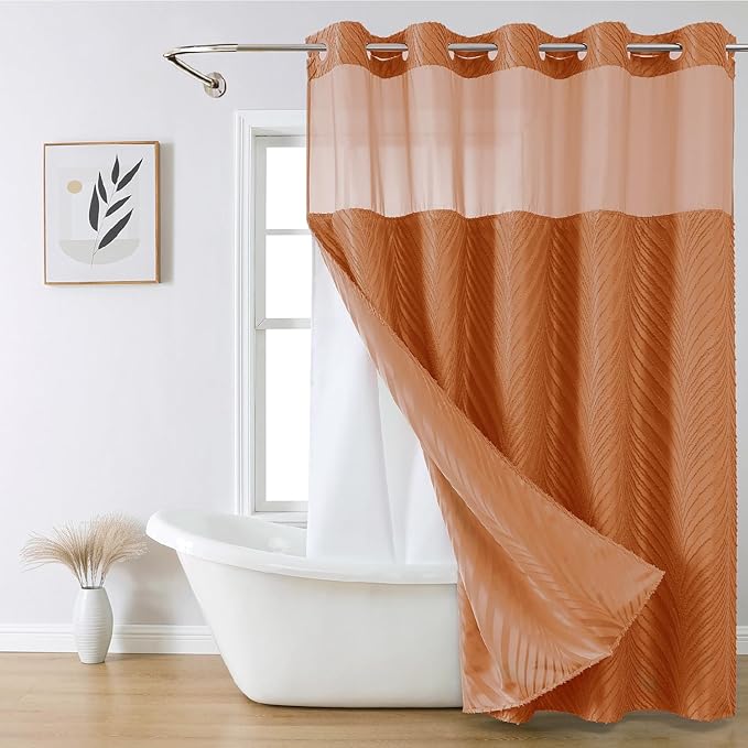 no Hook Shower Curtain and Liner Set，Boho Style with See Through Top Window, BurntOrange Fabric Tufted Striped Textured Outer Curtain & Waterproof Inner Liner, Orange, 71Wx80H