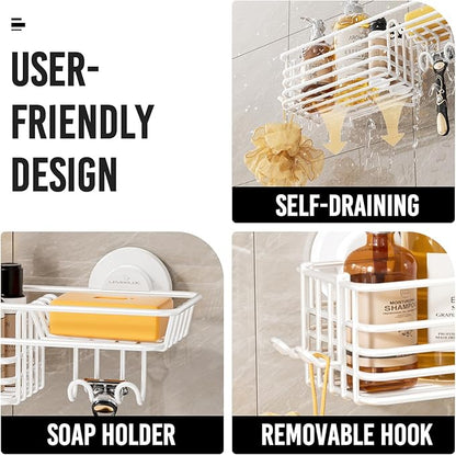LEVERLOC Shower Caddy Suction Cup, 2 Pack Shelves for Inside with Hooks and Soap Holder, NO-Drilling Bathroom Holder, Rustproof Meatl Bathroom Organizer, White