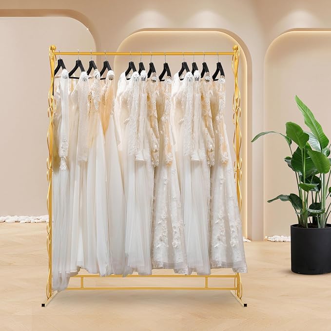 81"Tall Gold Clothing Rack for Hanging Long Dresses Clothes, Garment Racks Wedding Dress Display Stand Shoes Bags Clothes Scarf Organizer Freestanding Garment Rack for Retail Studio Wedding Dress