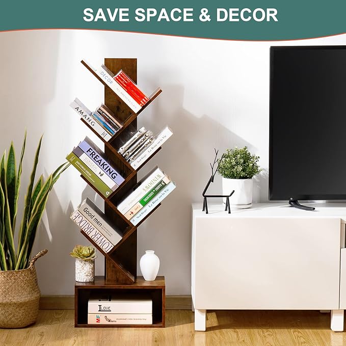 Yoobure Tree Bookshelf - 6 Shelf Retro Floor Standing Bookcase, Tall Wood Book Storage Rack for CDs/Movies/Books, Utility Book Organizer Shelves for Bedroom, Living Room, Home Office, Rustic Brown