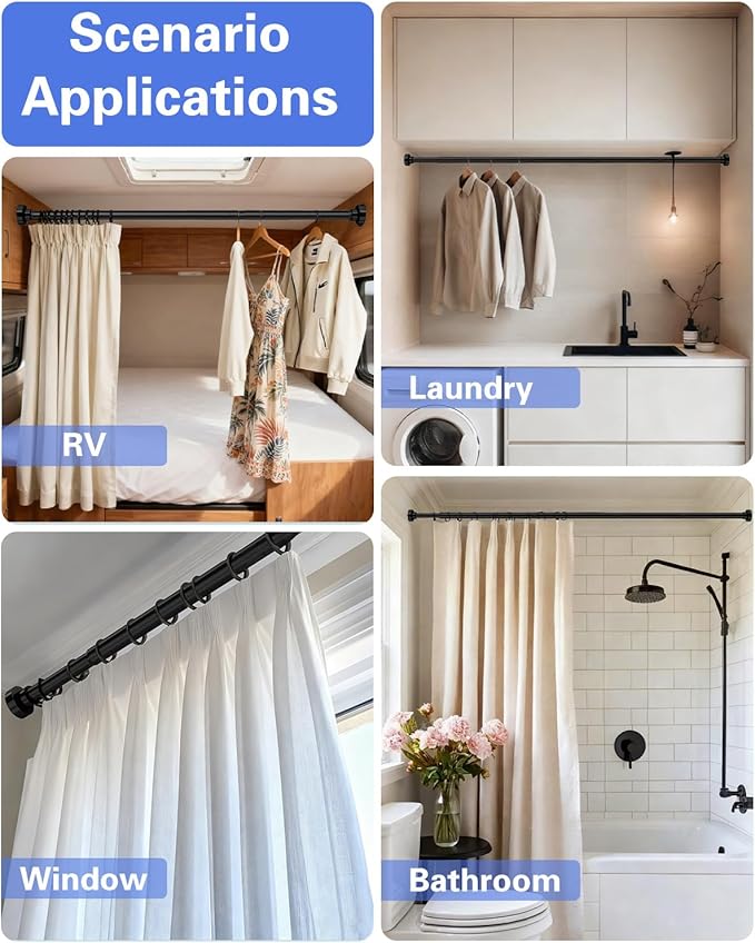 Supforce 2 Pack No Drilling Closet Rods for Hanging Clothes, Non Slip Tension Rod with Heavy Duty Clothes Hanging Rod, 17-28 Inches Adjustable Spring Closet Rod for Closet Wardrobe Bathroom RV, Black