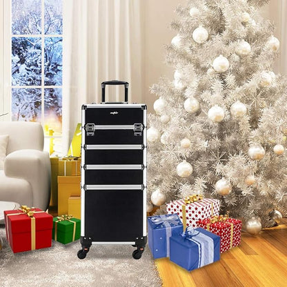 mefeir 4 in 1 Rolling Makeup Train Case, Aluminum Makeup Travel Organizer Cosmetic Case, Cosmetology Display Suitcase on Wheels, Beauty Storage Luggage Lockable w/4 Removable Wheels (Black)