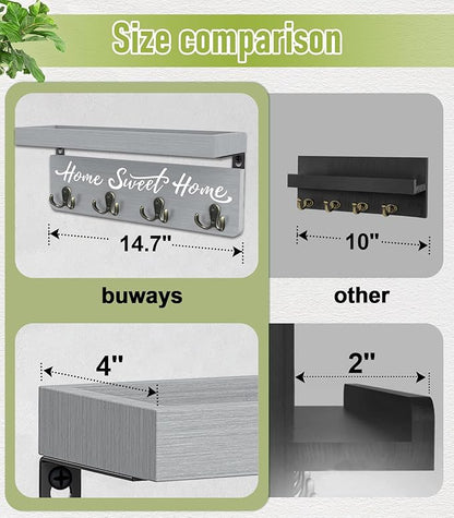 buways Key Holder Wall Mount with 4 Double Hooks-Solid Wood Wall-Mounted Organizer for Keys&Mail Rustic Key Rack Hanger Holder Home Decor for Entryway Living Room (Gray)