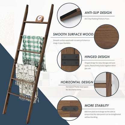 Acacia Wood 6-Tier Blanket Ladder, 5.7FT(66.5'') Blanket Quilt Towel Holder Rack Decorative Ladder Wooden, Easy Assembly, Rustic Farmhouse Ladder Shelf for the Living Room Bedroom Bathroom Home Decor