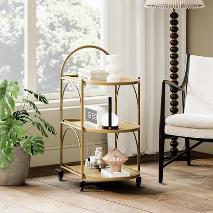 XIV Bar Cart, Metal Serving Cart for Home, Drink Cart, Rolling Beverage Cart with Lockable Wheels, Mobile Rolling Cart for Kitchen and Living Room (Gold)