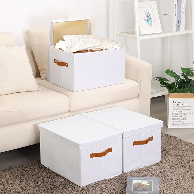YheenLf Fabric Storage Boxes with Lids, 7.1 x 9.1 x 13 Inch Clothes Bins for Shelves, Closet Organizers for Organizing with Handles, White, 3-Pack