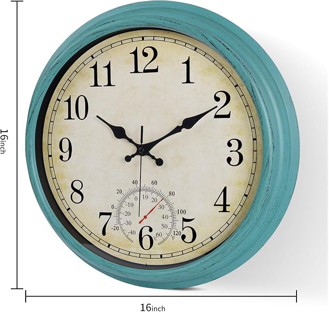 16 Inch Large Outdoor Clock, Waterproof Wall Clock with Thermometer, Battery Operated Silent Non-Ticking Vintage Wall Clock Quartz Round Clock Home Decor,Green