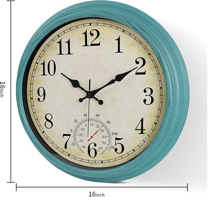 16 Inch Large Outdoor Clock, Waterproof Wall Clock with Thermometer, Battery Operated Silent Non-Ticking Vintage Wall Clock Quartz Round Clock Home Decor,Green