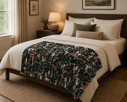Serafina Home Mushroom Fleece Throw Blanket: Floral Forest Black Brown Beige and White, 50" x 70"