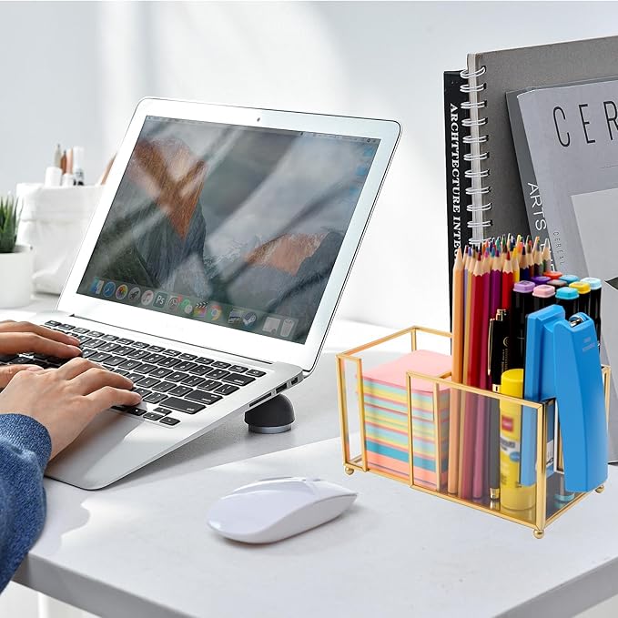 Glass Sticky Note Holder,2 Slots Post It Note Dispenser,Gold Desk Organizer for 3 x 3 Sticky Notes/Paper Clips/Book Clips,Stylish Post it Holder for Home Office Desk
