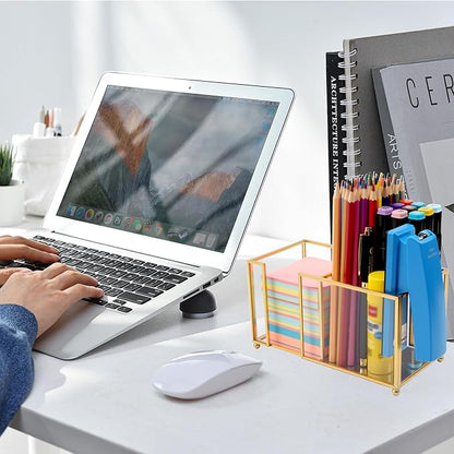 Glass Sticky Note Holder,2 Slots Post It Note Dispenser,Gold Desk Organizer for 3 x 3 Sticky Notes/Paper Clips/Book Clips,Stylish Post it Holder for Home Office Desk
