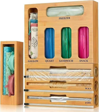 9 IN 1 Storage Bag Organizer for Kitchen Drawer - Wall Mounted | Bamboo Foil and Plastic Wrap with Cutter, Ziplock Bag Organizer for Gallon, Sandwich & Snack Bags - Aluminum Foil Organizer