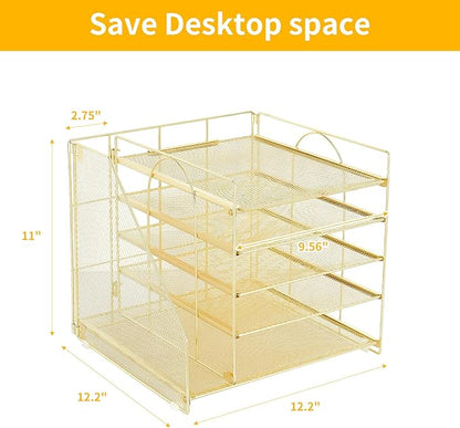 Desk Organizers and Accessories, 5-Tier Paper Letter Tray Organizer with File Holder, Desktop Organizer for Office Supplies (Gold)