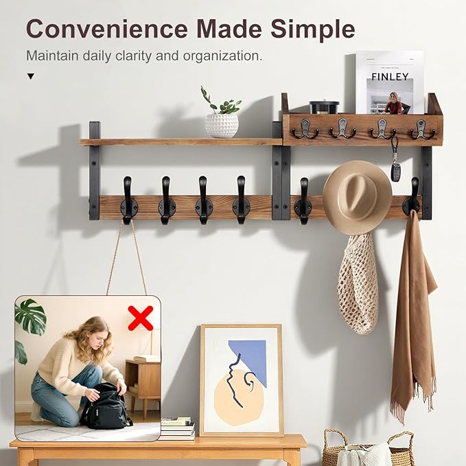 29" Coat Rack Wall Mount with Shelf, 4 in 1 Wood Entryway Shelf with 11 Metal Hooks for Clothes Key Hat Backpack, Wall Hanger for Living Room Bedroom Bathroom