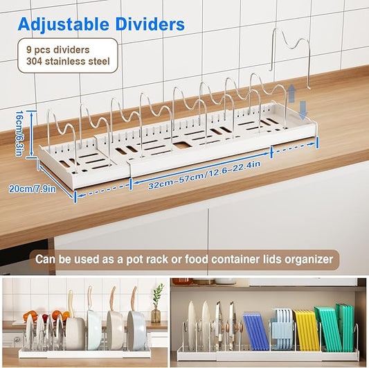 Mustorn Pots and Pans Organizer Under Cabinet, 22" Expandable Food Storage Container Lid Organizers with 9 Adjustable Dividers Pot and Pan Lid Holders Rack Inside Cabinet/Countertop(1 Pack, White)