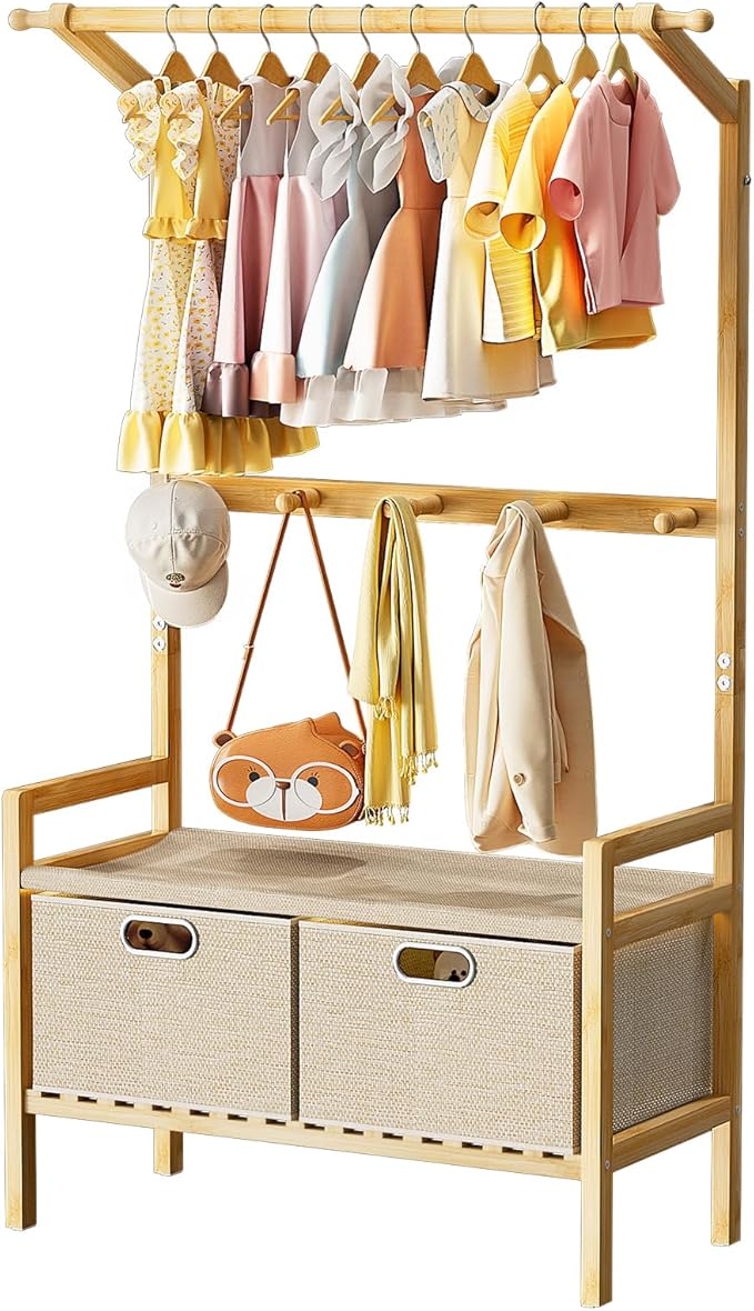 Luxspire Kids Clothing Rack, Bamboo Kids Dress up Rack with 1 Hanging Rod, 5 Hanging Hooks & 2 Fabric Drawers, Toddler Dress up Storage for Bedroom, Playroom, Nursery, Laundry, Burlywood