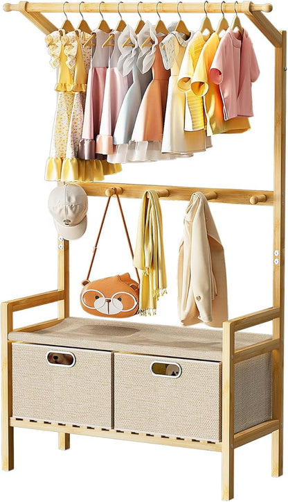 Luxspire Kids Clothing Rack, Bamboo Kids Dress up Rack with 1 Hanging Rod, 5 Hanging Hooks & 2 Fabric Drawers, Toddler Dress up Storage for Bedroom, Playroom, Nursery, Laundry, Burlywood