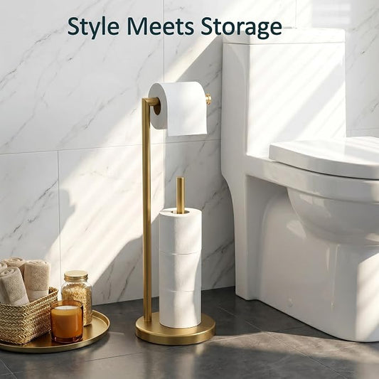 FORIOUS Toilet Paper Holder Stand, Modern Freestanding Tissue Roll Holder for Bathroom, Durable 304 Stainless Steel and Weighted Base Toilet Paper Stand, toilet paper storage for 4 Rolls, Brushed Gold