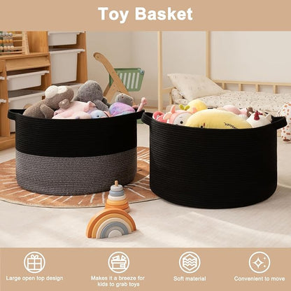 OIAHOMY 90L XXXLarge Blanket Basket for Living Room, 21.7" x 13.8" Woven Cotton Rope Laundry Basket for Organizing Pillows, Decorative Stuffed Animal Toy Storage for Nursery, Black and Grey