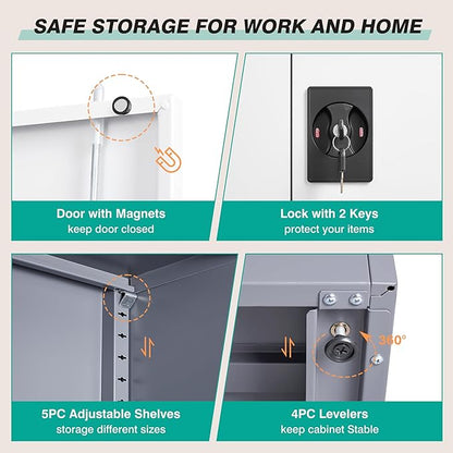 Wide & Deep Metal Storage Cabinet with 6 Shelves,72 inch Tall Garage Storage Cabinet with Lock,Gray White Metal Cabinets with Locking Doors,Large Steel Lockable Cabinets for Home,Office,Shop,Garage