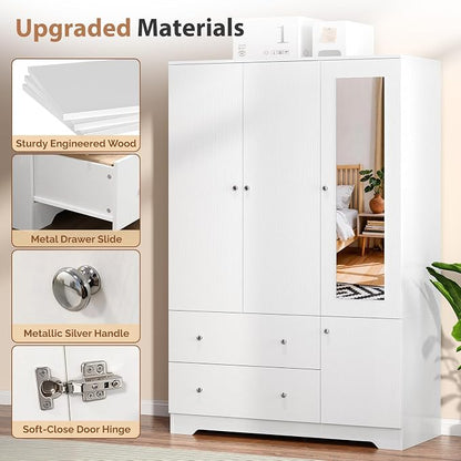 VINGLI Armoire Wardrobe Closet with Doors and Mirror,47"W Wardrobe Cabinet Wooden with Hanging Rod & Shelves Inside, 4 Door Bedroom Armoires with Drawers, Modern White Freestanding Armoire for Bedroom
