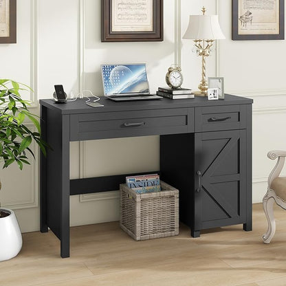 Vabches Farmhouse 47" Executive Desk, Computer Desk with Drawers and Storage Cabinet, Workstation for Home Office and Study.(Pure Black)